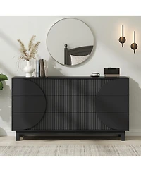 Rainsken Modern 6-Drawer Fluted Wooden Dresser – Geometric Round Accent Chest of Drawers, Spacious Storage Cabinet for Bedroom and Living Room