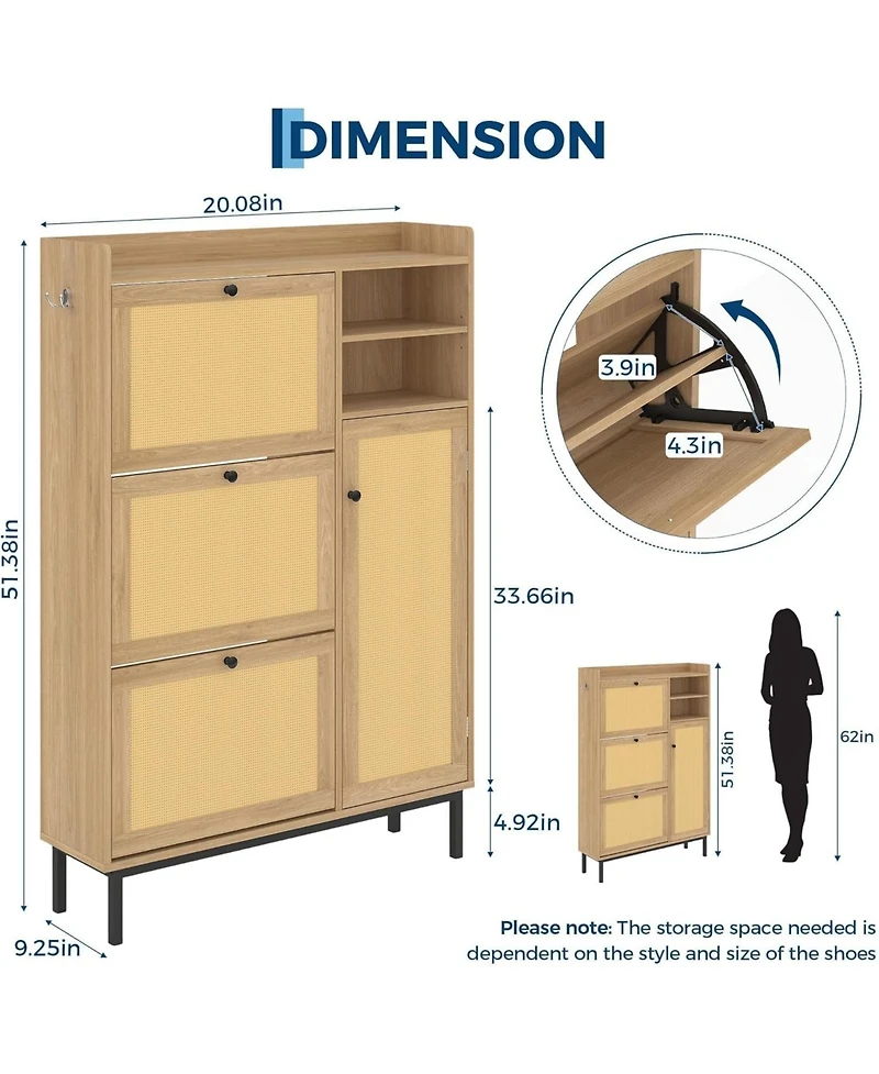 homfan Rattan Shoe Cabinet with 3 Flip Drawers and Metal Legs, 20.08 x 9.25 x 51.38 in