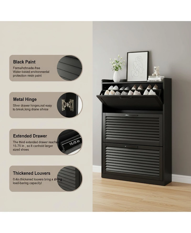 Yigii Shoe Storage Cabinet 2 Flip Louvered Doors Freestanding Organizer Metal Entryway Narrow Rack Large Capacity