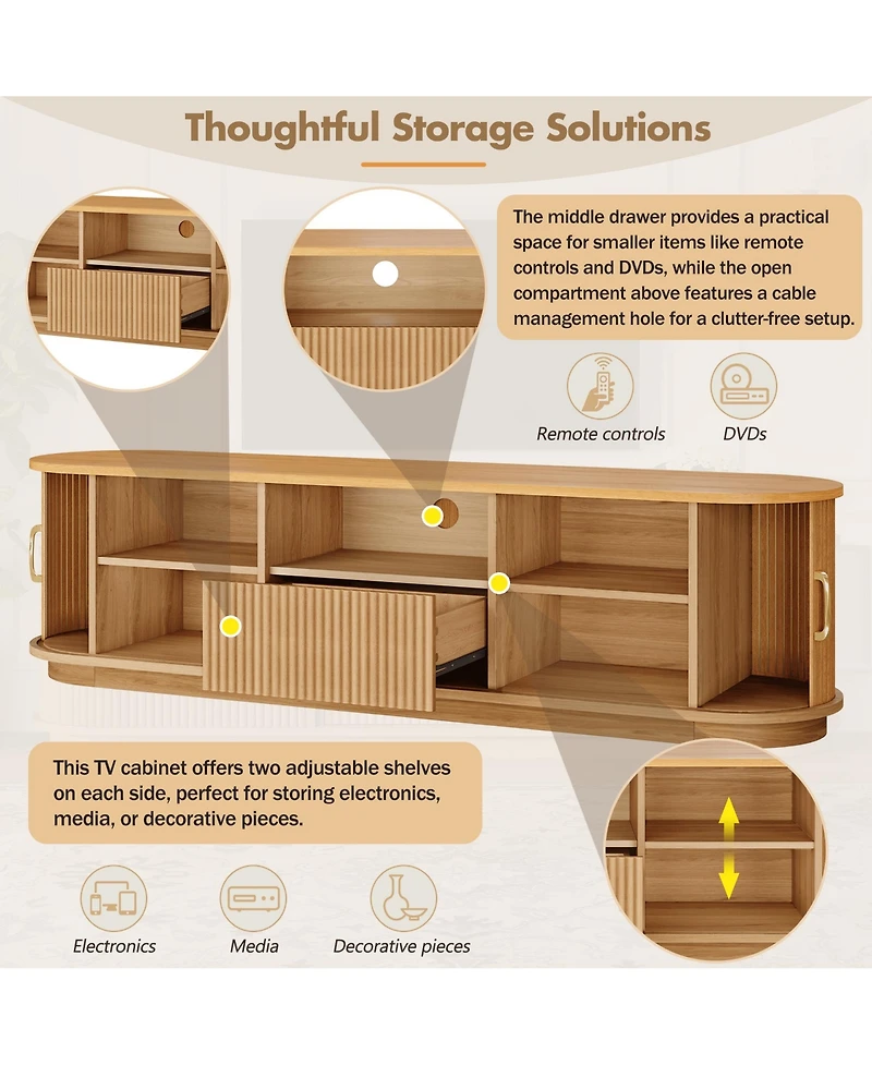 Rainsken Fluted Tv Stand for TVs up to 75", Farmhouse Media Console Entertainment Center with Sliding Wood Slatted Doors and Drawer for Living Room