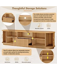 Rainsken Fluted Tv Stand for TVs up to 75", Farmhouse Media Console Entertainment Center with Sliding Wood Slatted Doors and Drawer for Living Room