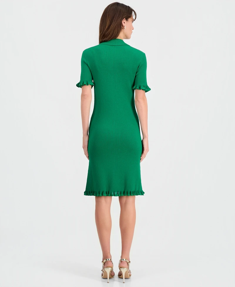 T Tahari Women's Ribbed Ruffle-Trim Dress