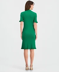T Tahari Women's Ribbed Ruffle-Trim Dress