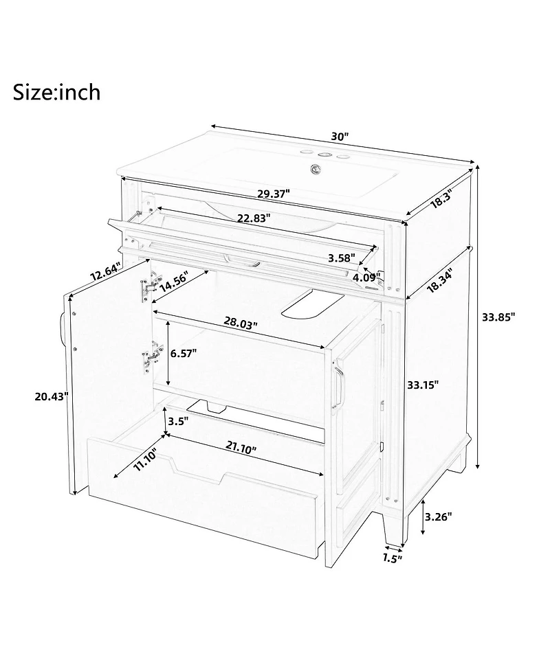 Sillysis 30" Bathroom Vanity with Ceramic Sink, Solid Wood Frame & Soft Close Drawers for Modern Home
