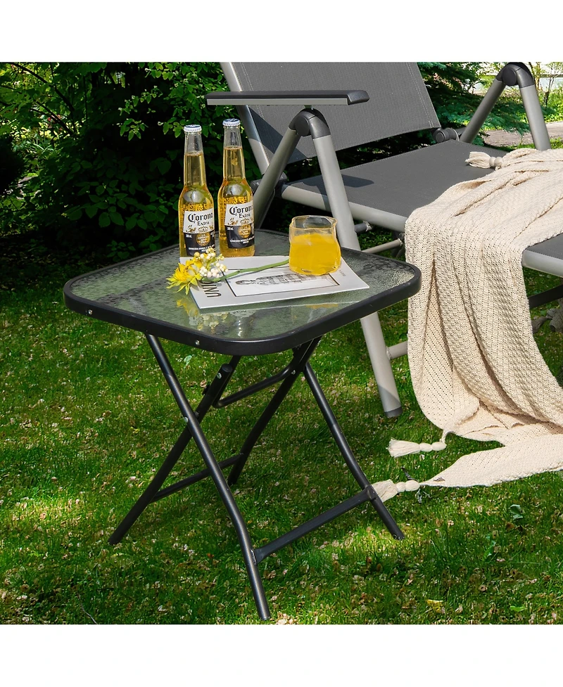 Gymax 18'' Foldable Patio Side Table Square Coffee Bistro Table w/ Tempered Glass Table Top