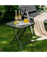 Gymax 18'' Foldable Patio Side Table Square Coffee Bistro Table w/ Tempered Glass Table Top
