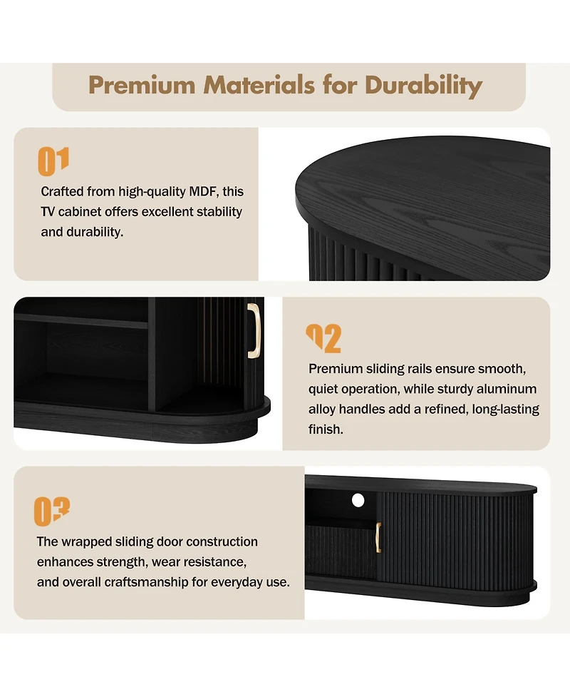 Rainsken Farmhouse Fluted Tv Stand, Media Console with Sliding Wood Slatted Doors and Drawer, Suitable for TVs Up to 75" in Living Room