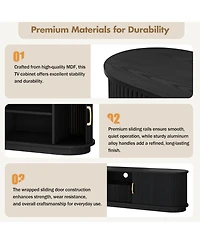 Rainsken Farmhouse Fluted Tv Stand, Media Console with Sliding Wood Slatted Doors and Drawer, Suitable for TVs Up to 75" in Living Room