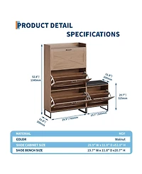 homfan Farmhouse Shoe Cabinet with 4 Flip Drawers and Upholstered Bench, Walnut Entryway Storage