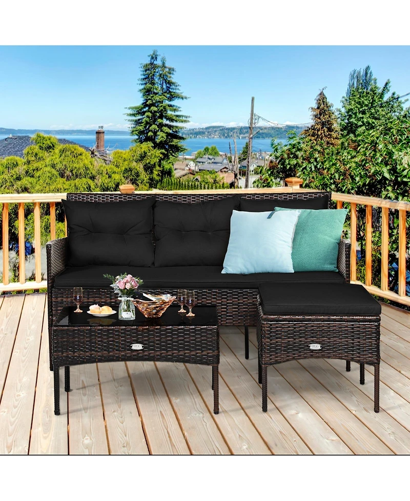 Gouun 3-Piece Outdoor Rattan Sectional Sofa Set with Ottoman and Coffee Table