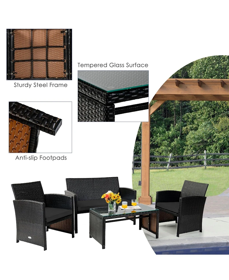 Gouun 4-Piece Patio Rattan Seating Set with Loveseat, Chairs, and Coffee Table