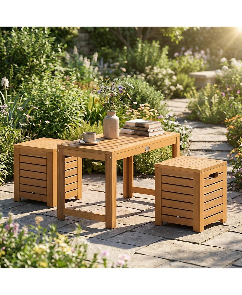 Gouun 3-Piece Acacia Wood Outdoor Coffee Table and Stool Set with Storage