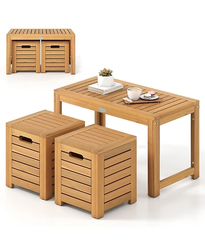 Gouun 3-Piece Acacia Wood Outdoor Coffee Table and Stool Set with Storage