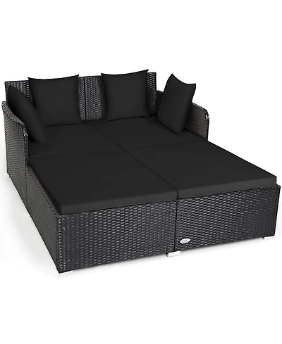 Gouun Outdoor Rattan Daybed with Upholstered Cushions and Pillows