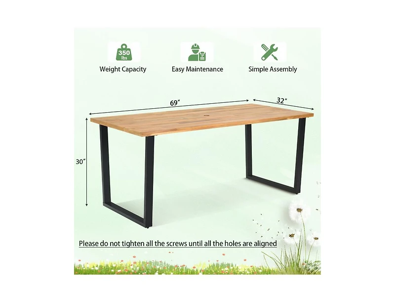 Clihome 6-Person Acacia Wood Outdoor Dining Table with 2 Inch Umbrella Hole