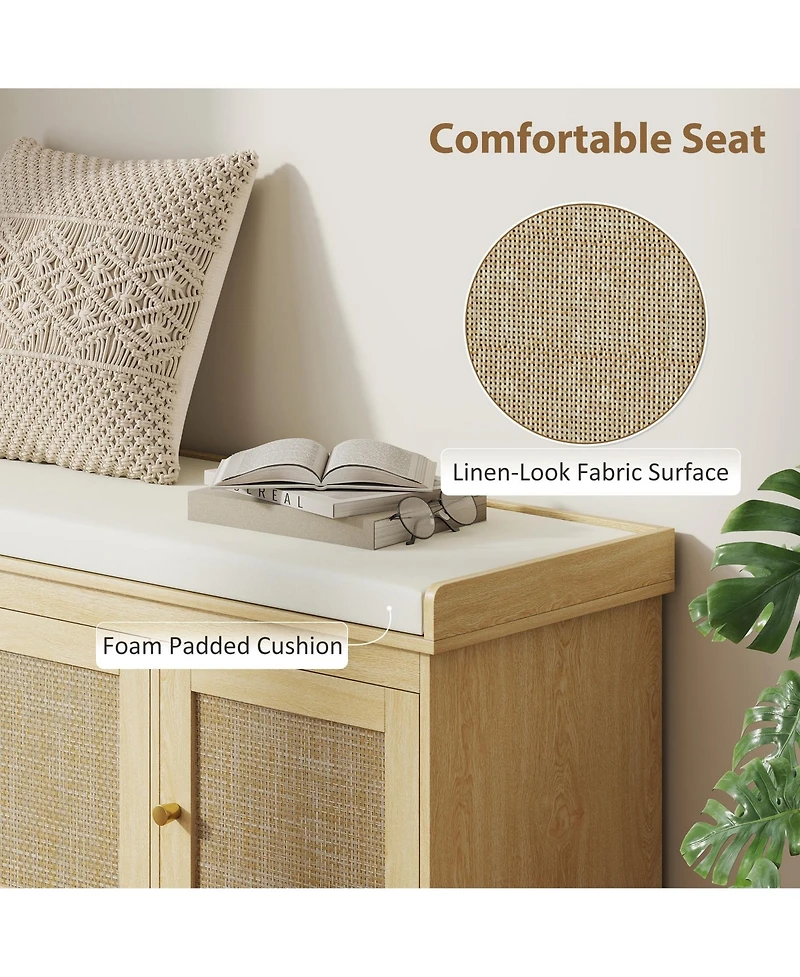 Yigii Shoe Bench Woven Rattan Doors Storage Cushion Adjustable Shelves 9 Pairs Boho Style Entryway Bedroom Living Room