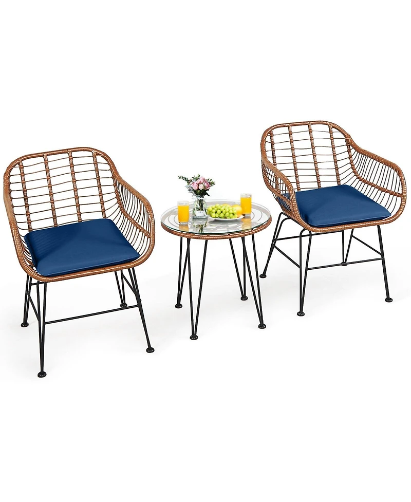 Gouun 3-Piece Patio Rattan Bistro Set with Cushioned Armchairs
