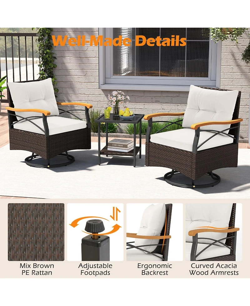 Gouun 3-Piece Outdoor Swivel Wicker Chair Set with Tempered Glass Side Table