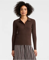 Lands' End Women's Cotton Ribbed Long Sleeve Polo Sweater