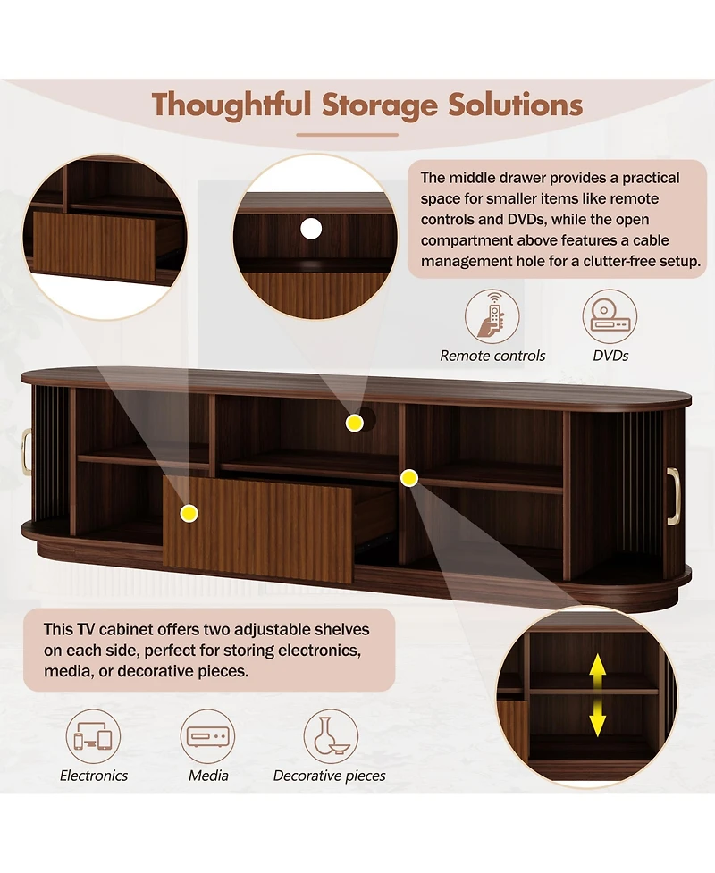 Rainsken Fluted Entertainment Center for TVs Up to 75 Inches, Farmhouse Style Media Stand with Sliding Wood Slatted Doors and Drawer for Living Room