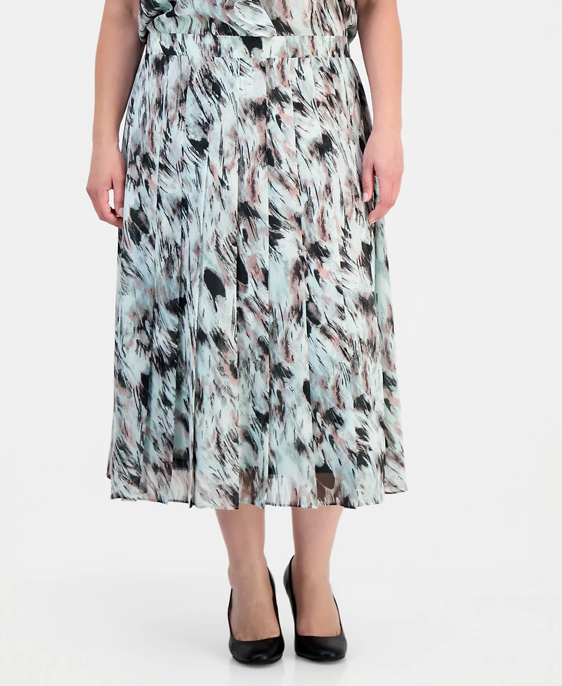 Kasper Plus Printed Pull-On Midi Skirt