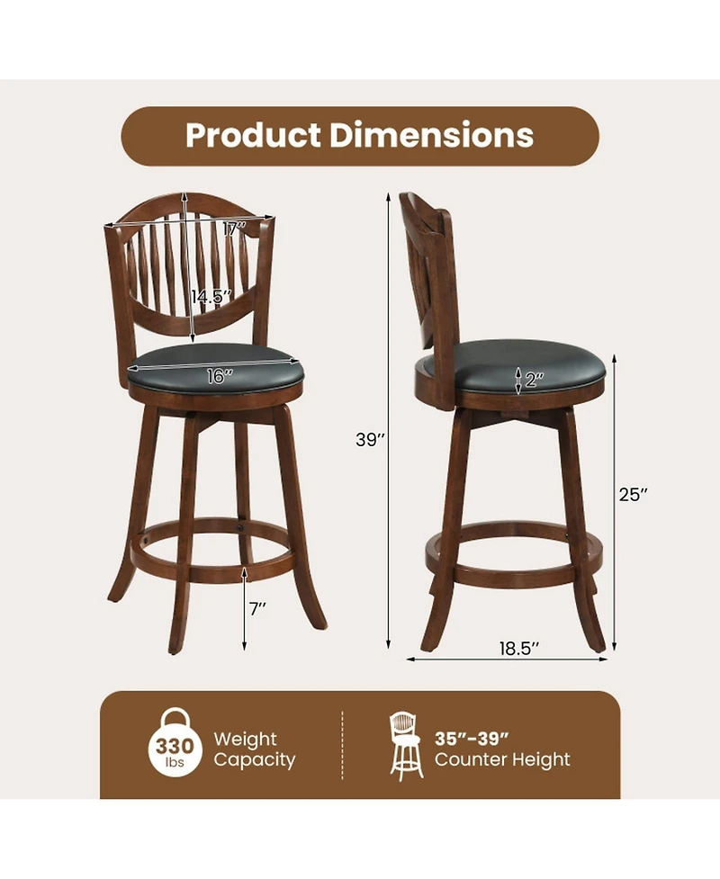 Gouun 25 in Swivel Upholstered Faux Leather Counter Height Bar Stools Set of 2