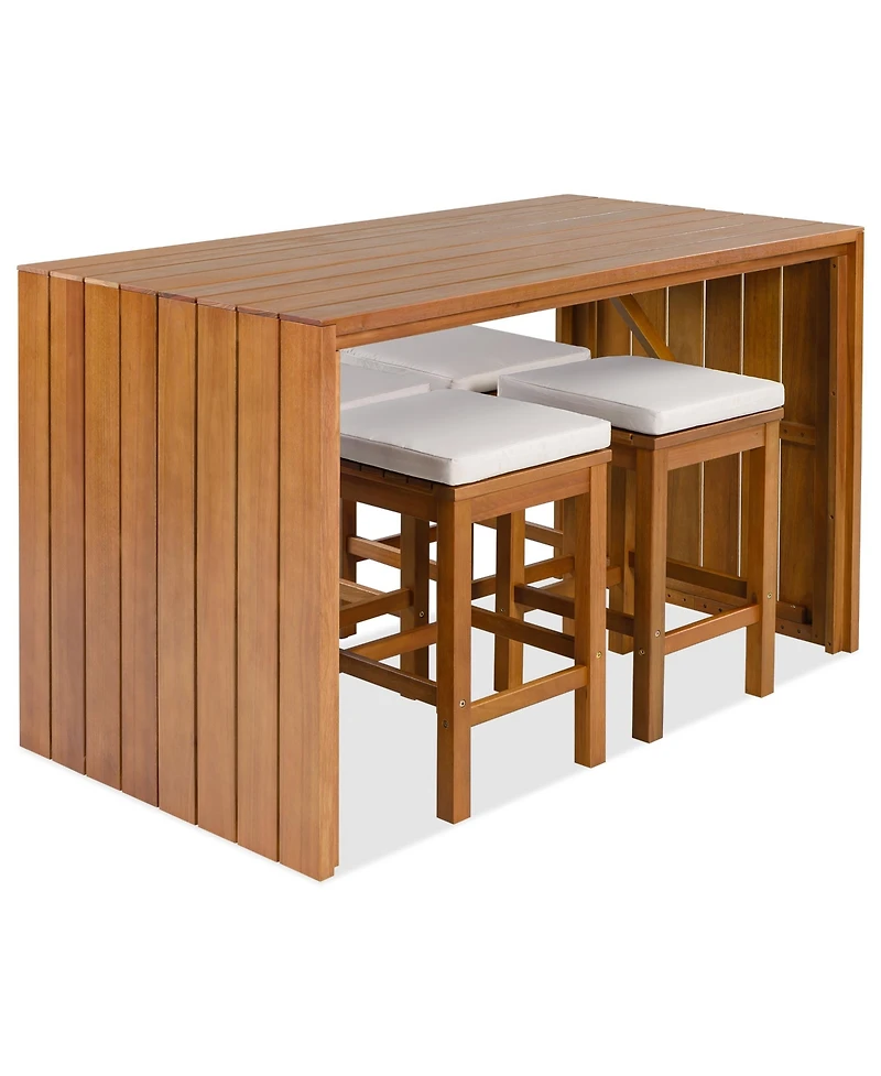 sumyeg 5-Piece Outdoor Bar Set with Acacia Wood Bar Height Table and 4 Stools with Cushions