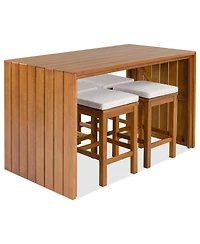 sumyeg 5-Piece Outdoor Bar Set with Acacia Wood Bar Height Table and 4 Stools with Cushions