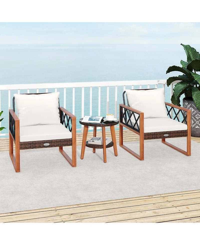 Gouun 3-Piece Outdoor Wicker Patio Set with Acacia Wood and Glass Table