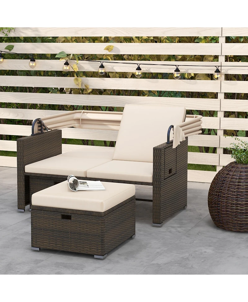 Sugift Outdoor Patio Rattan Daybed with Retractable Canopy and Backrests