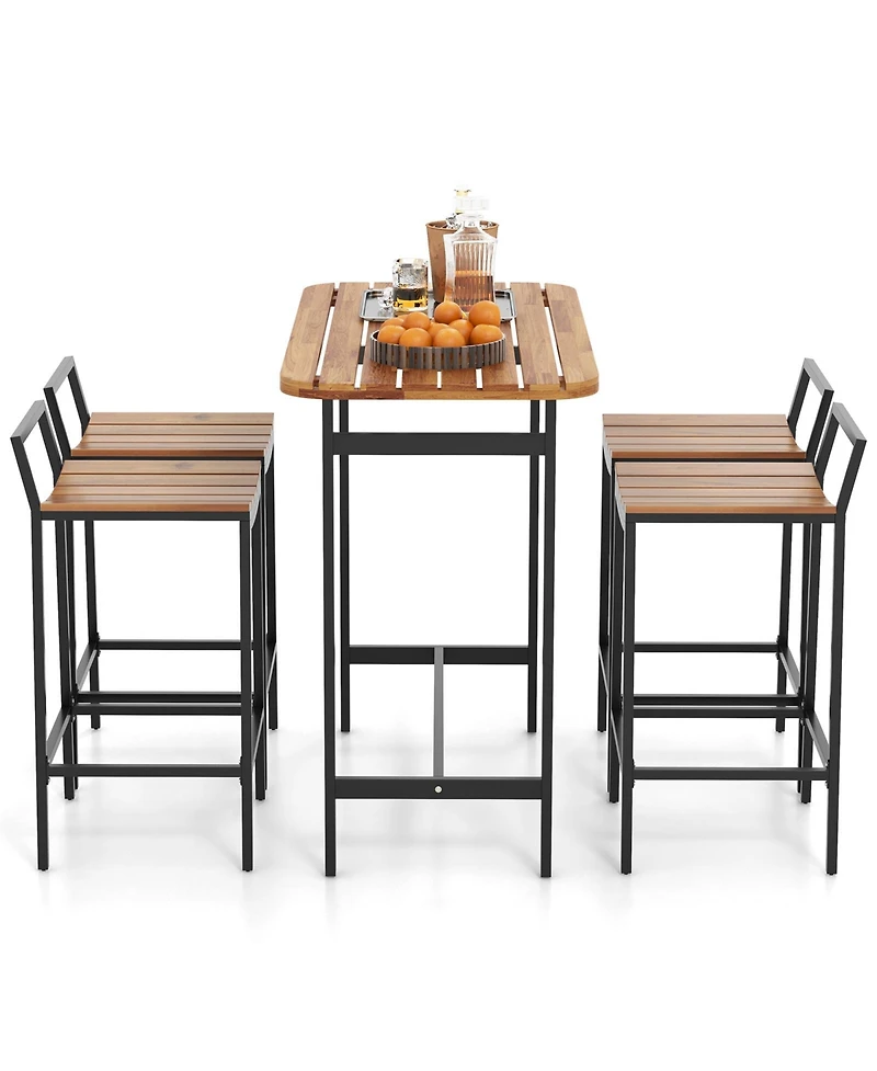 sumyeg 5-Piece Acacia Wood Bar Table Set with Metal Frame Footrest and Bar Height Chairs