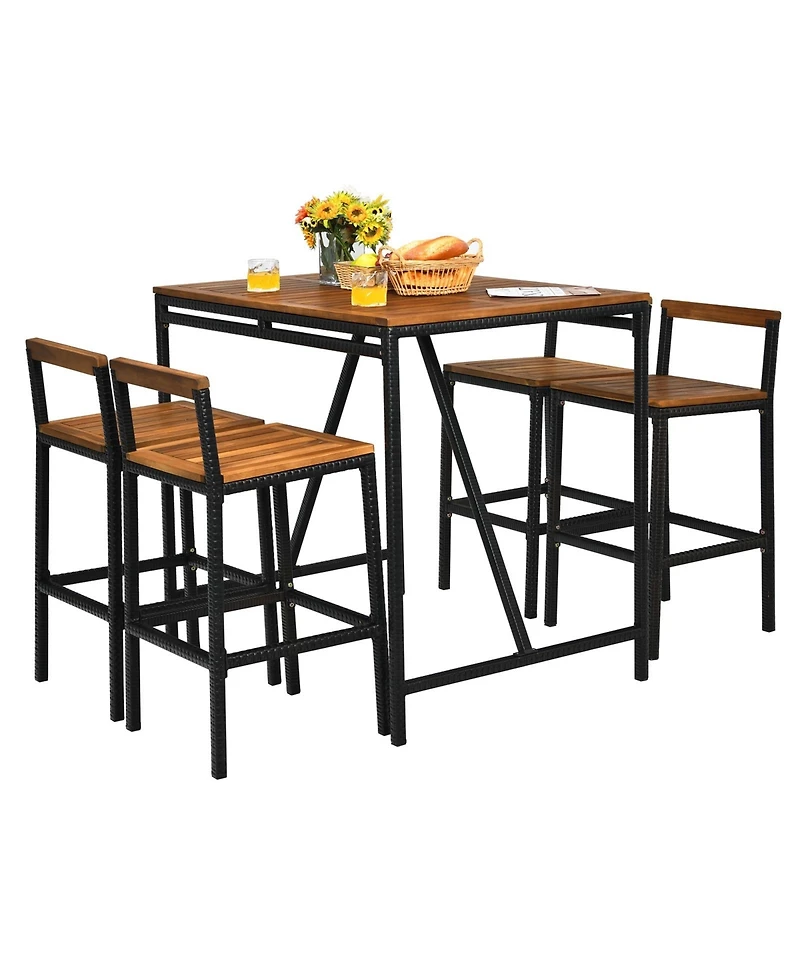 sumyeg 5-Piece Outdoor Acacia Wood and Pe Rattan Bar Set with Table and Stools