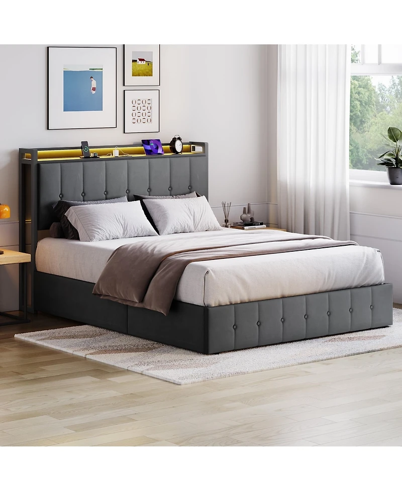 HomfanLift Up Bed Frame with Charging Station and Led Lights, Upholstered Button Tufted Wingback Storage Headboard