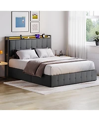 HomfanLift Up Bed Frame with Charging Station and Led Lights, Upholstered Button Tufted Wingback Storage Headboard