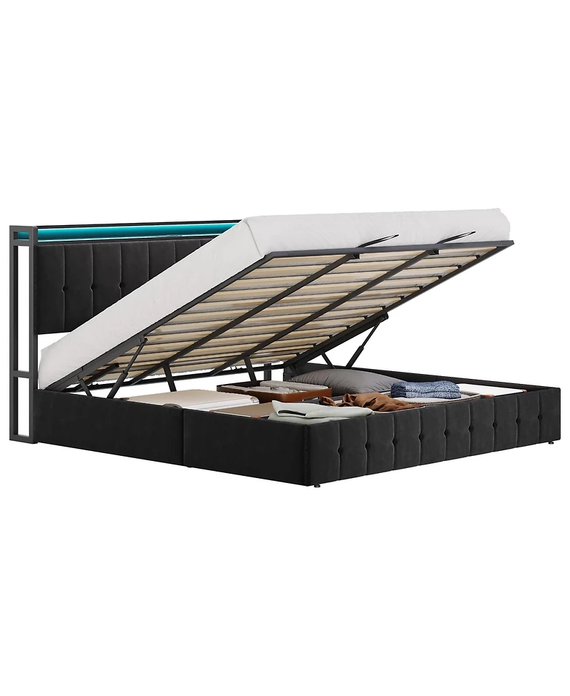 HomfanLift Up Bed Frame with Charging Station and Led Lights, Upholstered Button Tufted Wingback Storage Headboard