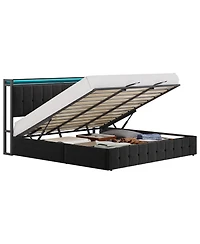 HomfanLift Up Bed Frame with Charging Station and Led Lights, Upholstered Button Tufted Wingback Storage Headboard