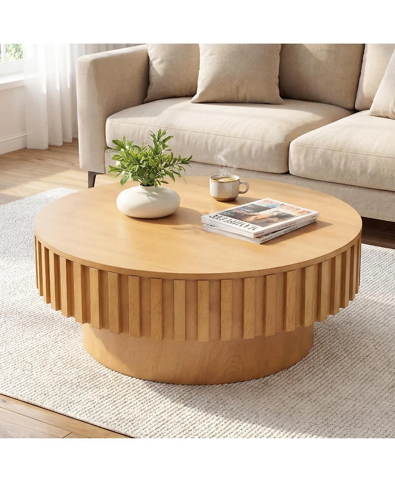 Slickblue Modern Round Wooden Drum Coffee Table with Hidden Storage Compartment