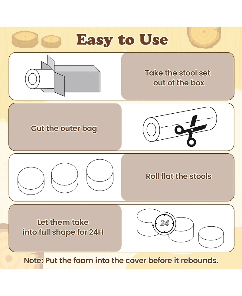 Sugift 3-Piece Tree Stump Stool Set with Wood Printing Nature Decoration