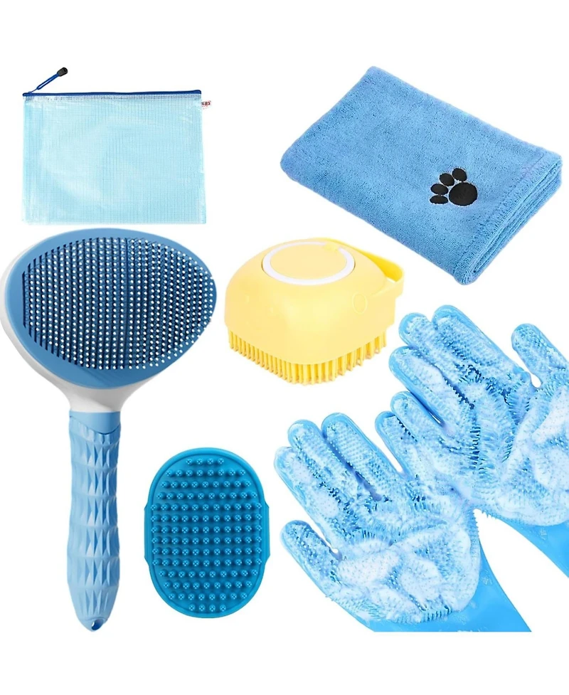 Aronkl Pet Bath Grooming Kit with Hair Brush Towel Washing Gloves Shampoo Scrubber