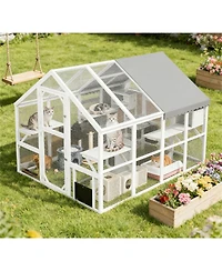 Zeus & Ruta Wooden Catio Outdoor Cat Enclosure with Waterproof Cover, 2 Condos, 6 Platforms, Bridge, Doors