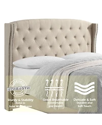 Boyel Living High Back Upholstered Bed Frame with Studded Detail Platform Bed with Solid Wood Frame Soft Fabric