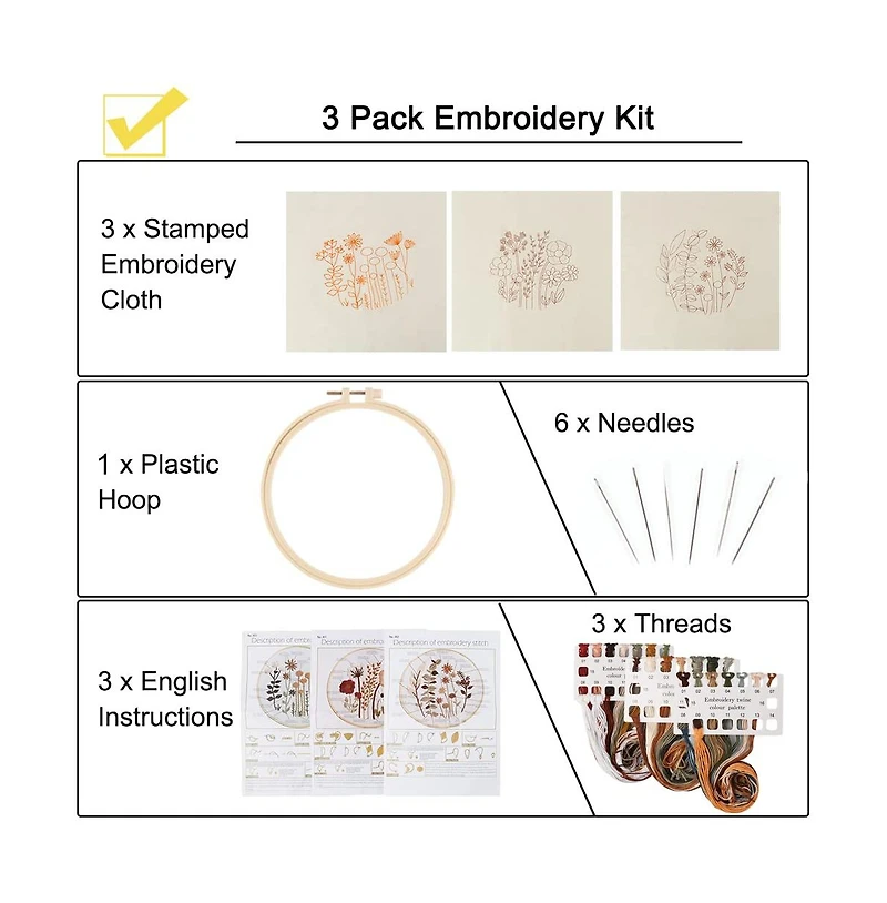 Gnuadz 3 Pack Embroidery Starter Kit Beginners Stamped Cross Cute Flowers Patterns Hoop Threads Adults