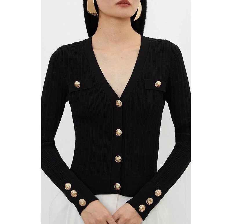 Karen Millen Women's Viscose Blend Rib Military Trim Cardigan