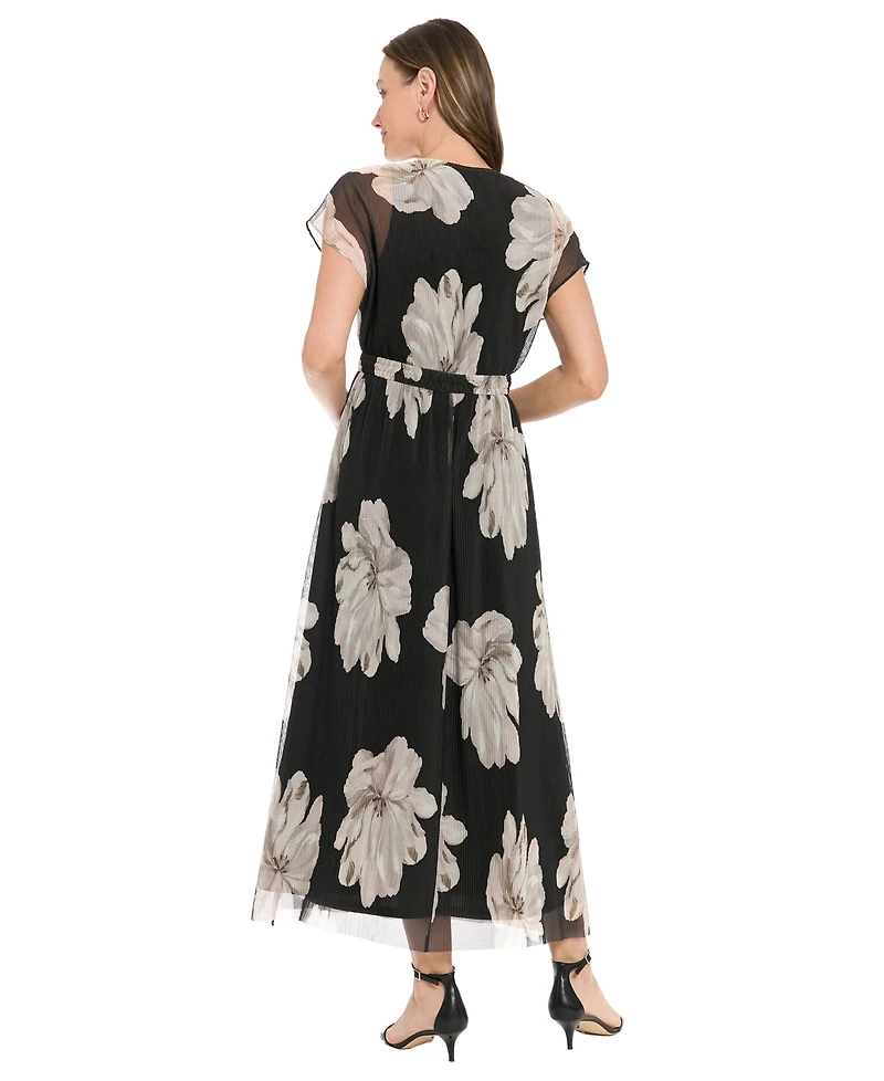 London Times Petite Printed Surplice Neck Maxi Dress