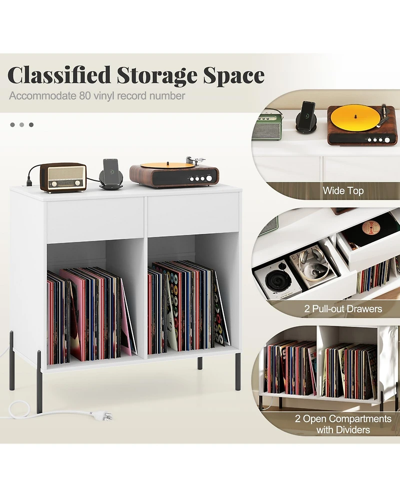 Sugift Double Wide Record Player Stand with Power Outlets and Storage