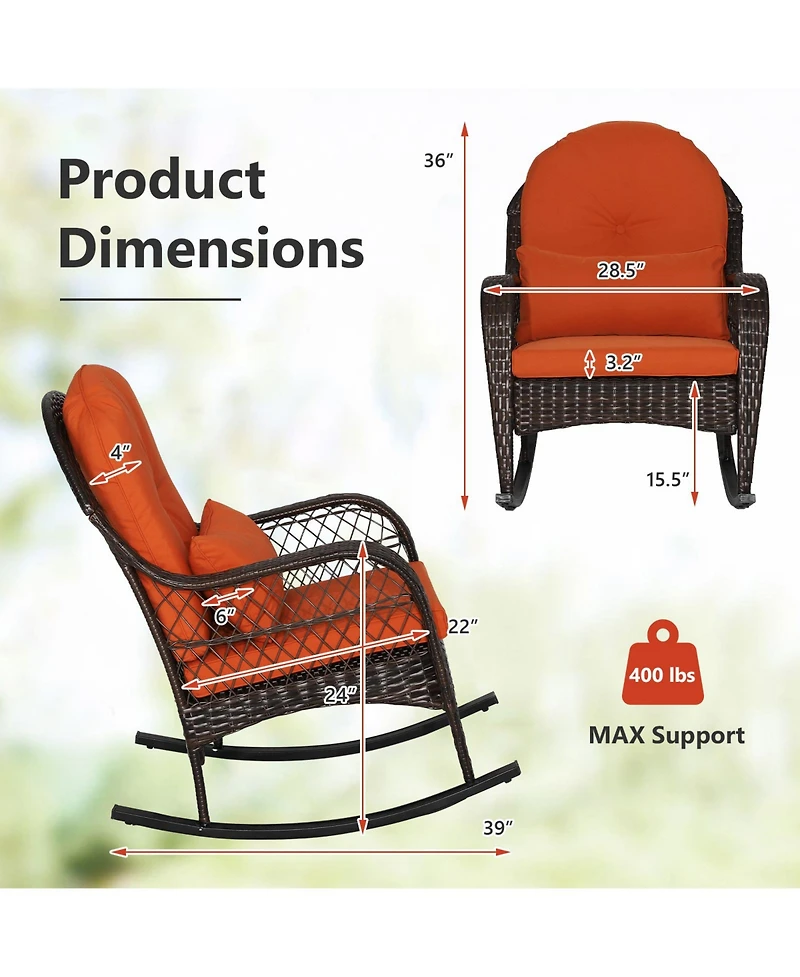 Gymax Wicker Rocking Chair w/ Orange Seat Back Cushions and Lumbar Pillow Balcony Patio