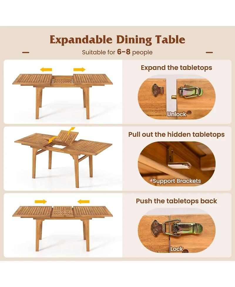 Gouun Expandable Acacia Wood Patio Dining Table for 6-8