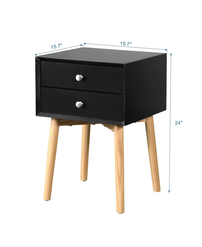 Rainsken Mid-Century Modern Nightstand with 2 Drawers and Rubber Wood Legs, Bedside Table, Sturdy Storage Cabinet for Bedroom, Study and Living Room
