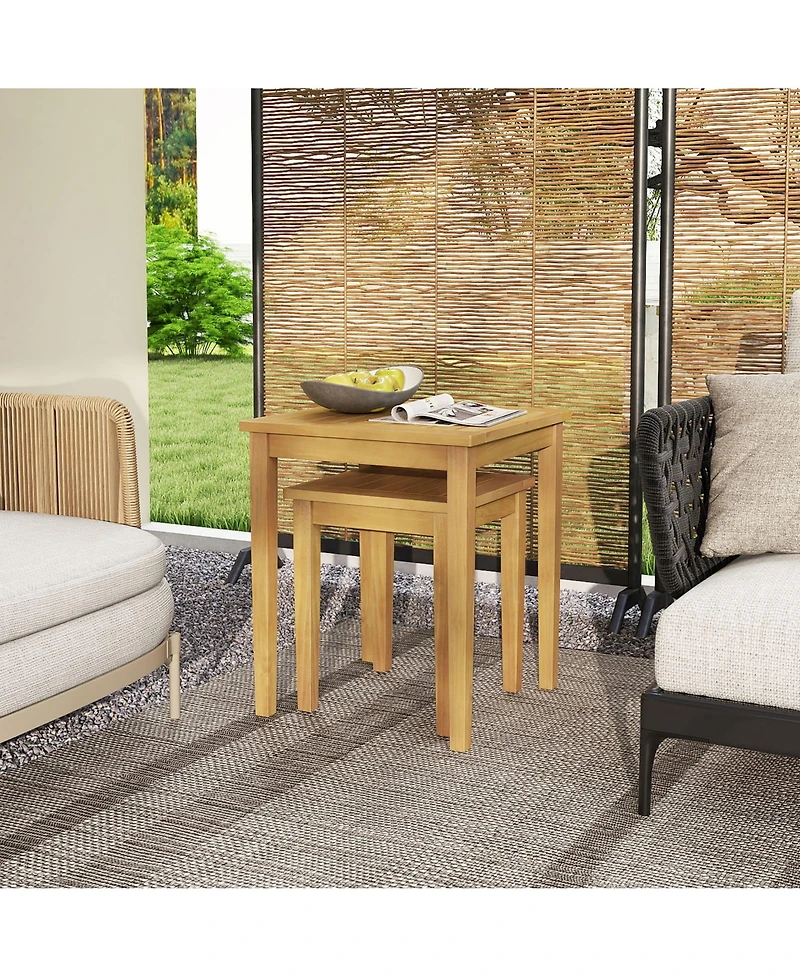 Gymax 2 Pcs Patio Nesting Table Teak Wood Outdoor Space Saving Design Square End Table