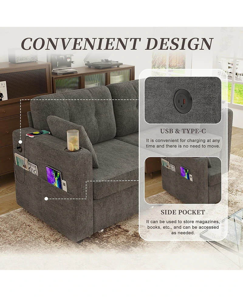 Rainsken 67" Chenille Loveseat Sofa, 2-Seater Couch with Storage, Usb Charging and Cup Holders for Living Room and Apartment